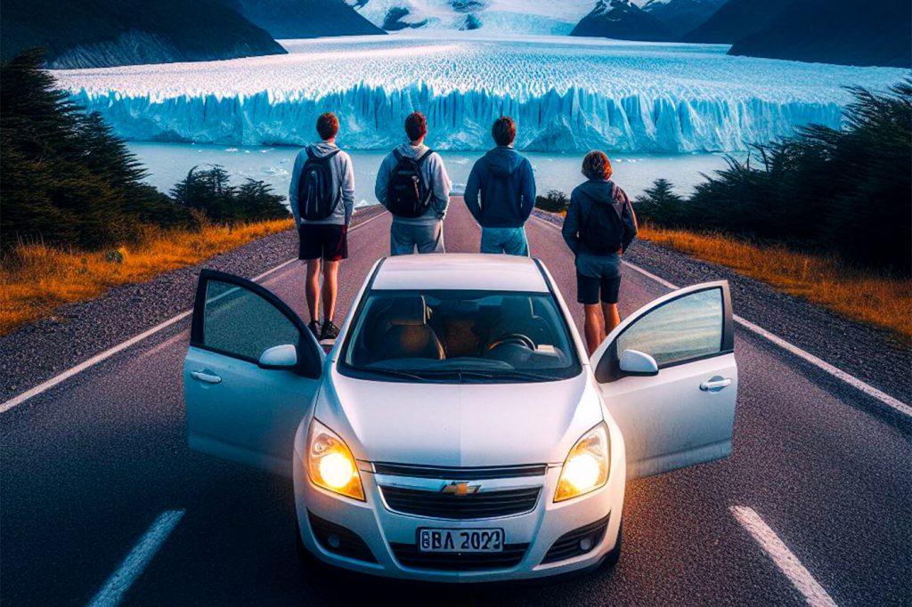 Imagen de 4 pasajeros en taxi mirando el Glaciar Perito Moreno