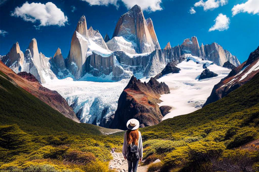 Imagen de El Chalten con el Cerro Fitz Roy y el Cerro Torre con una turista caminando por el sendero del Paraque Nacional Los Glaciares